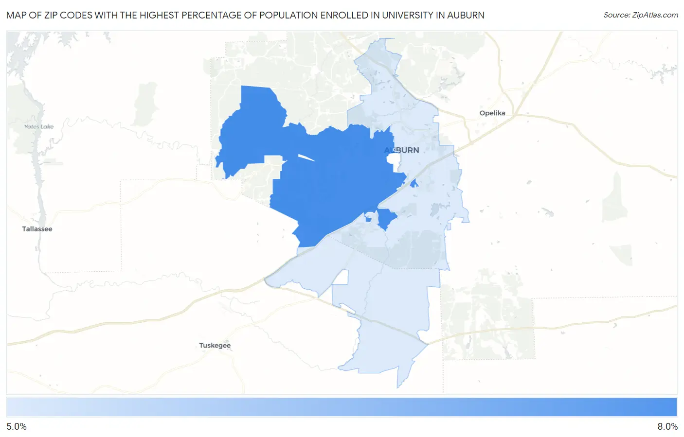 Zip Codes with the Highest Percentage of Population Enrolled in University in Auburn Map