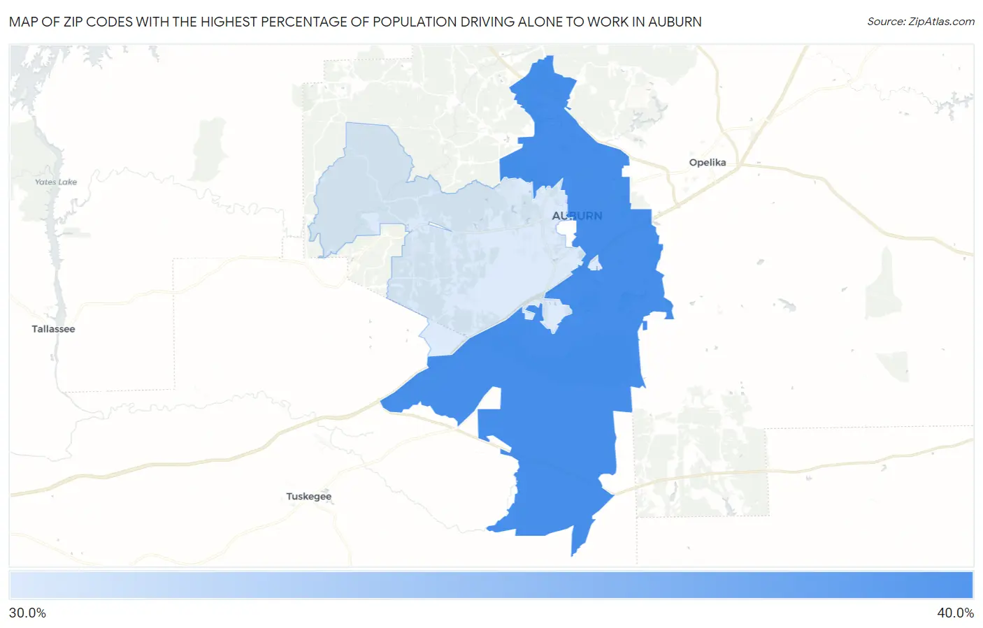 Zip Codes with the Highest Percentage of Population Driving Alone to Work in Auburn Map