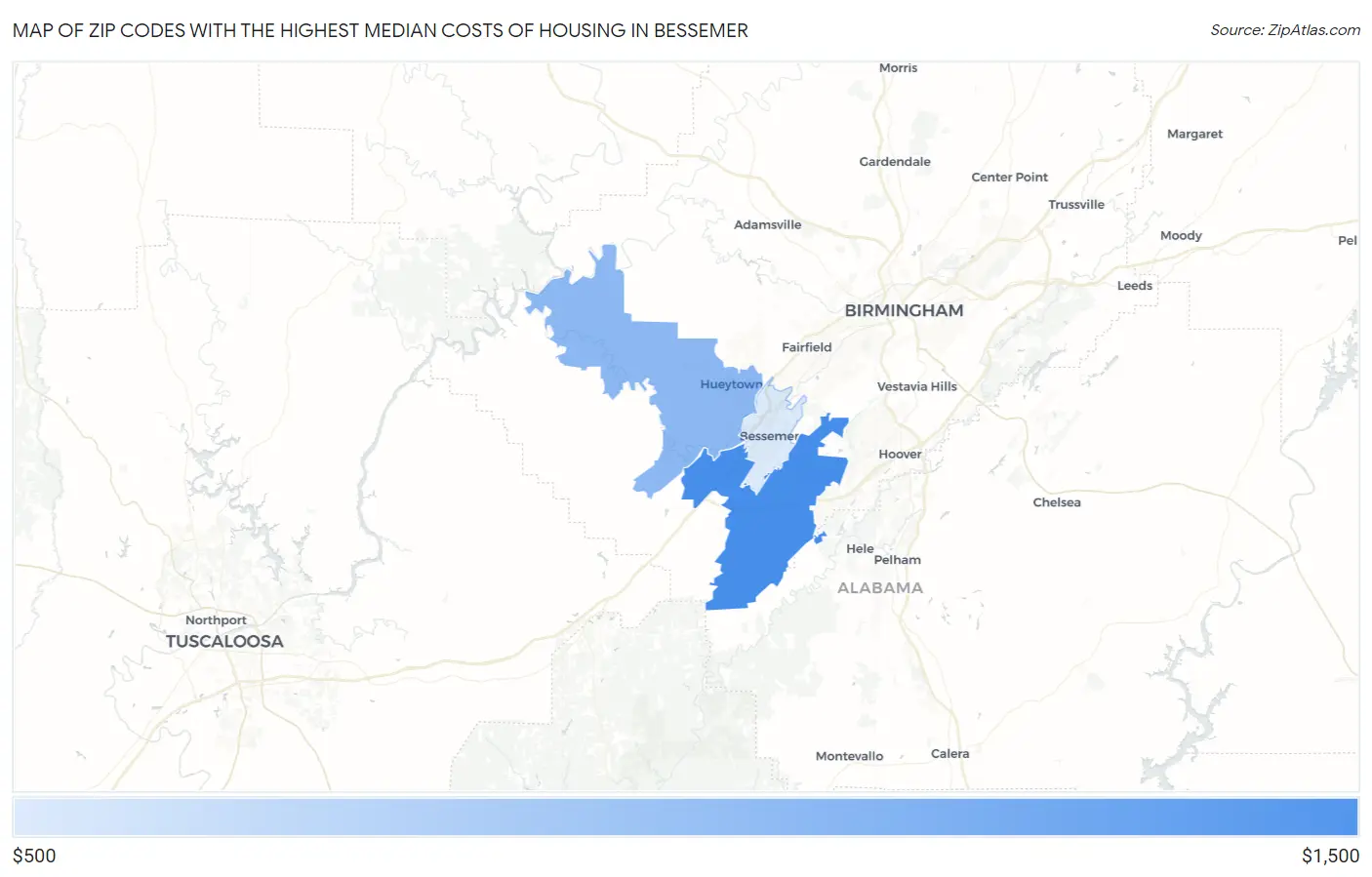 Zip Codes with the Highest Median Costs of Housing in Bessemer Map