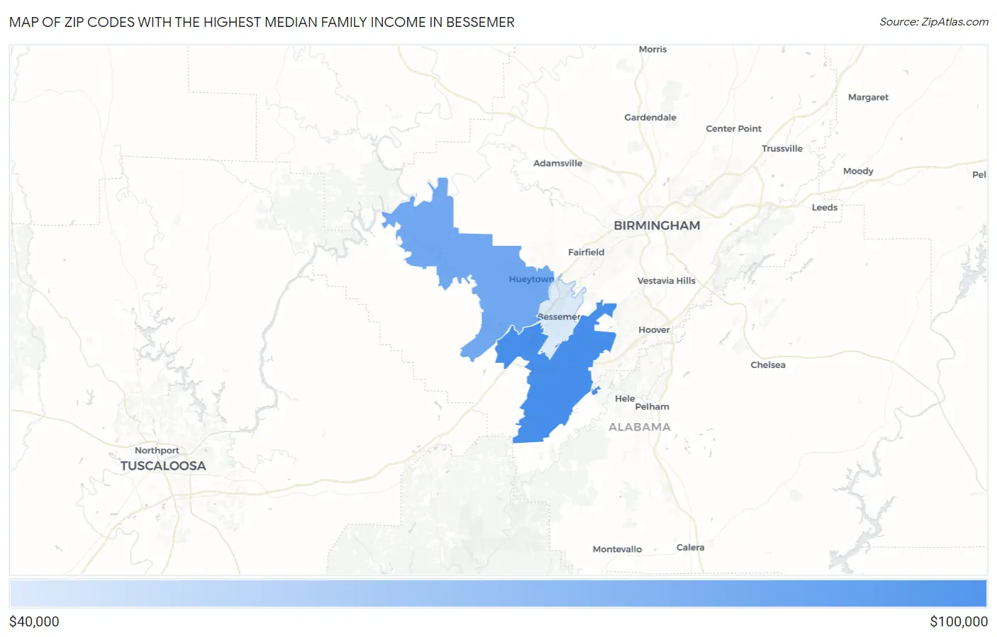 Zip Codes with the Highest Median Family Income in Bessemer Map