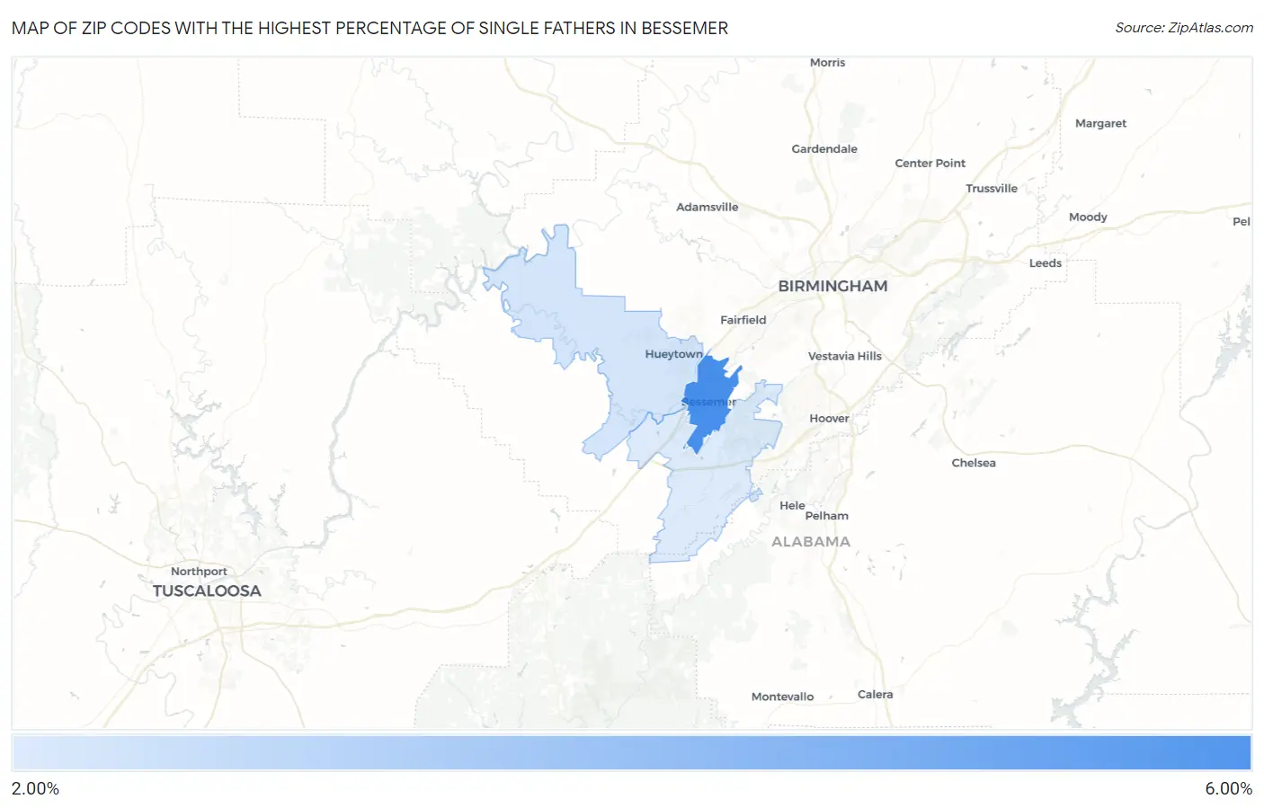 Zip Codes with the Highest Percentage of Single Fathers in Bessemer Map