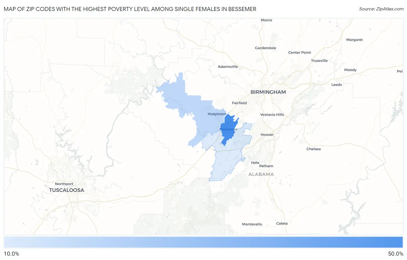 Zip Codes with the Highest Poverty Level Among Single Females in Bessemer Map