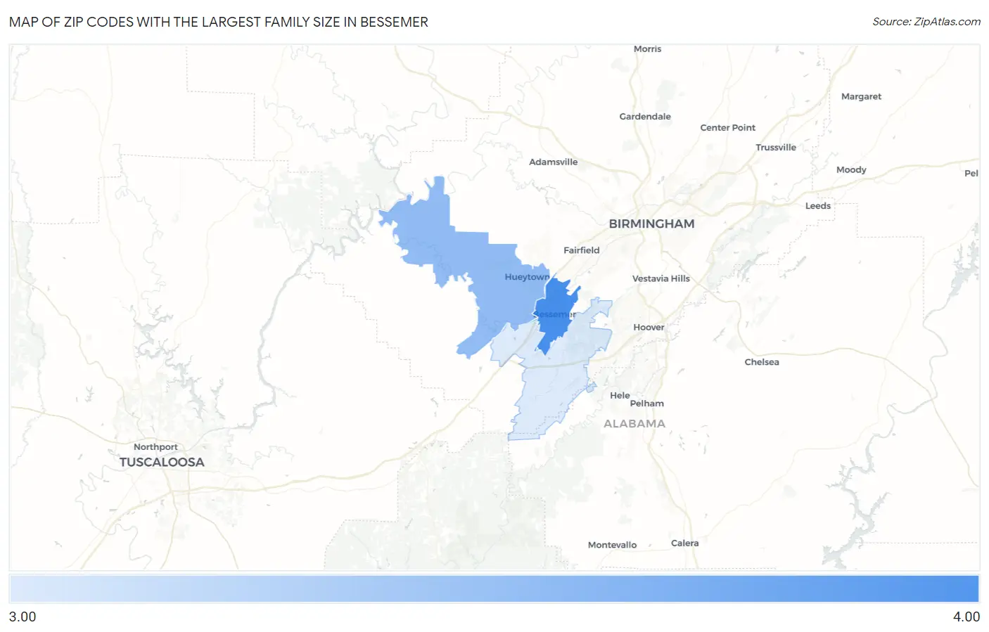 Zip Codes with the Largest Family Size in Bessemer Map