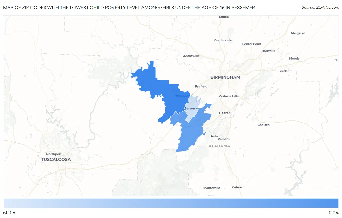 Zip Codes with the Lowest Child Poverty Level Among Girls Under the Age of 16 in Bessemer Map