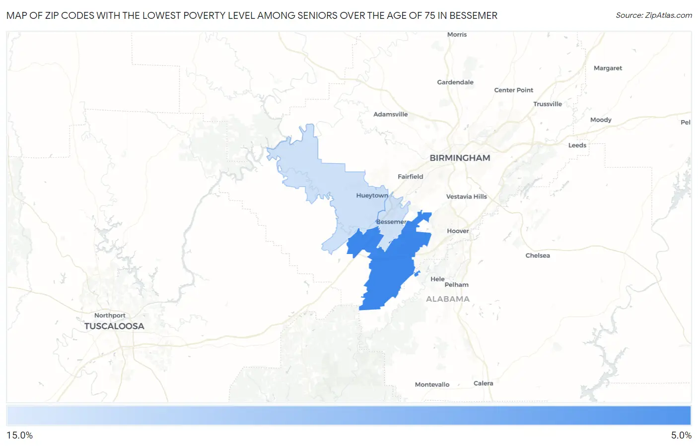 Zip Codes with the Lowest Poverty Level Among Seniors Over the Age of 75 in Bessemer Map