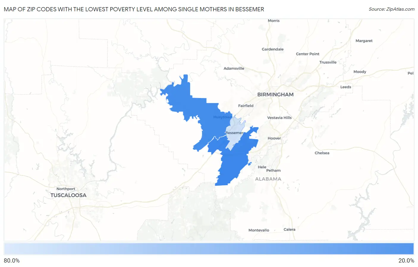 Zip Codes with the Lowest Poverty Level Among Single Mothers in Bessemer Map