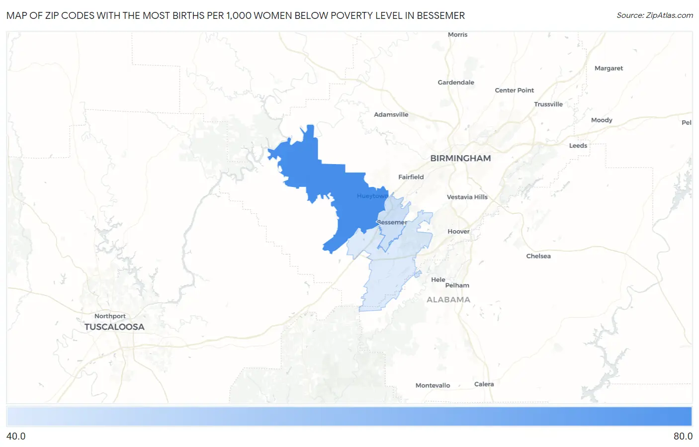 Zip Codes with the Most Births per 1,000 Women Below Poverty Level in Bessemer Map