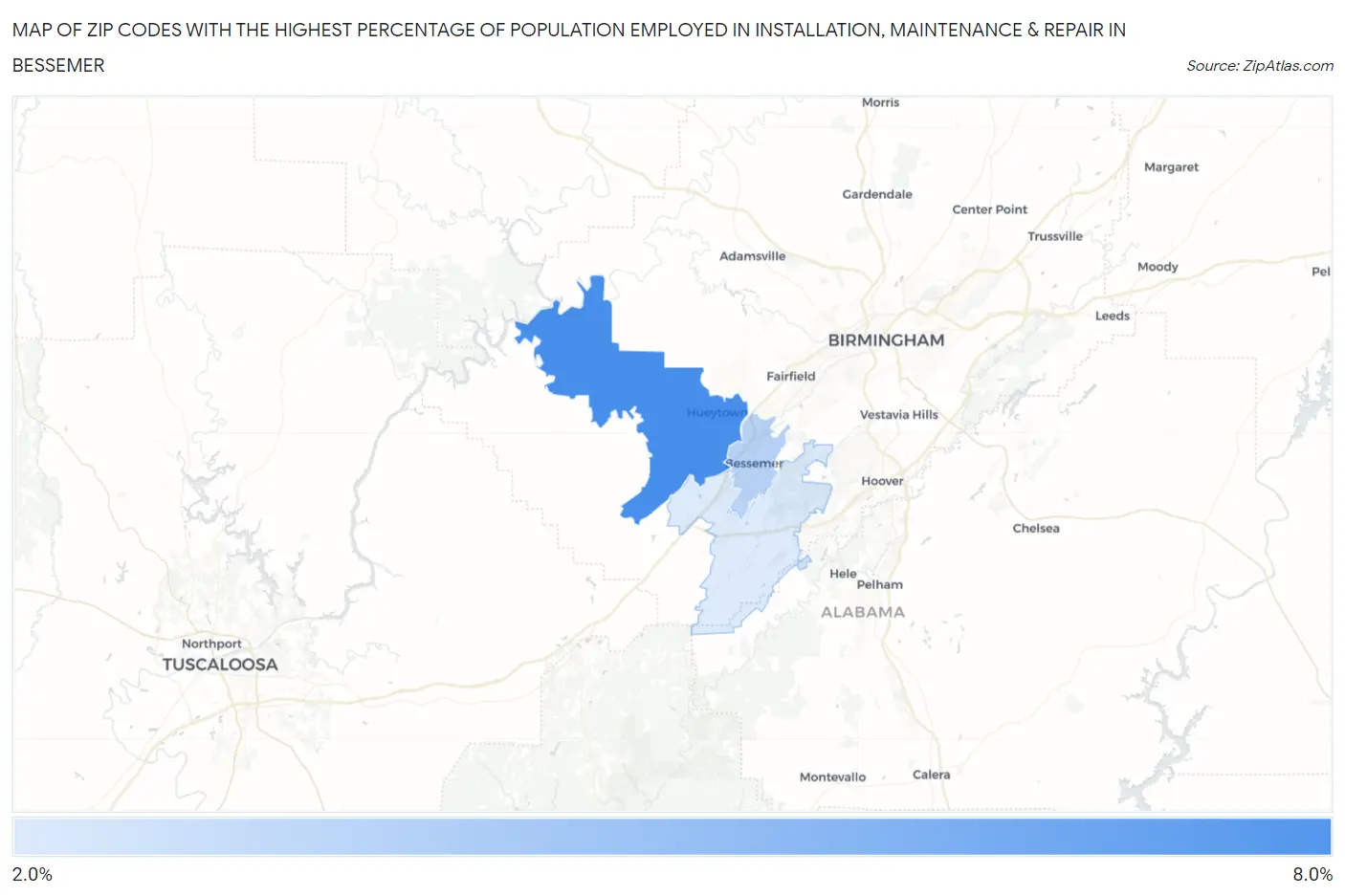 Zip Codes with the Highest Percentage of Population Employed in Installation, Maintenance & Repair in Bessemer Map