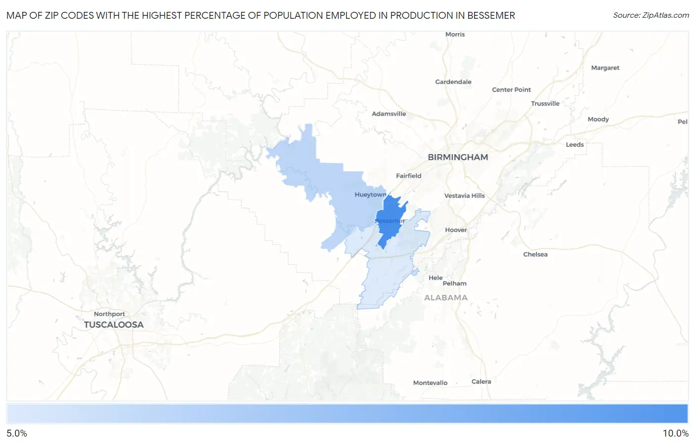 Zip Codes with the Highest Percentage of Population Employed in Production in Bessemer Map