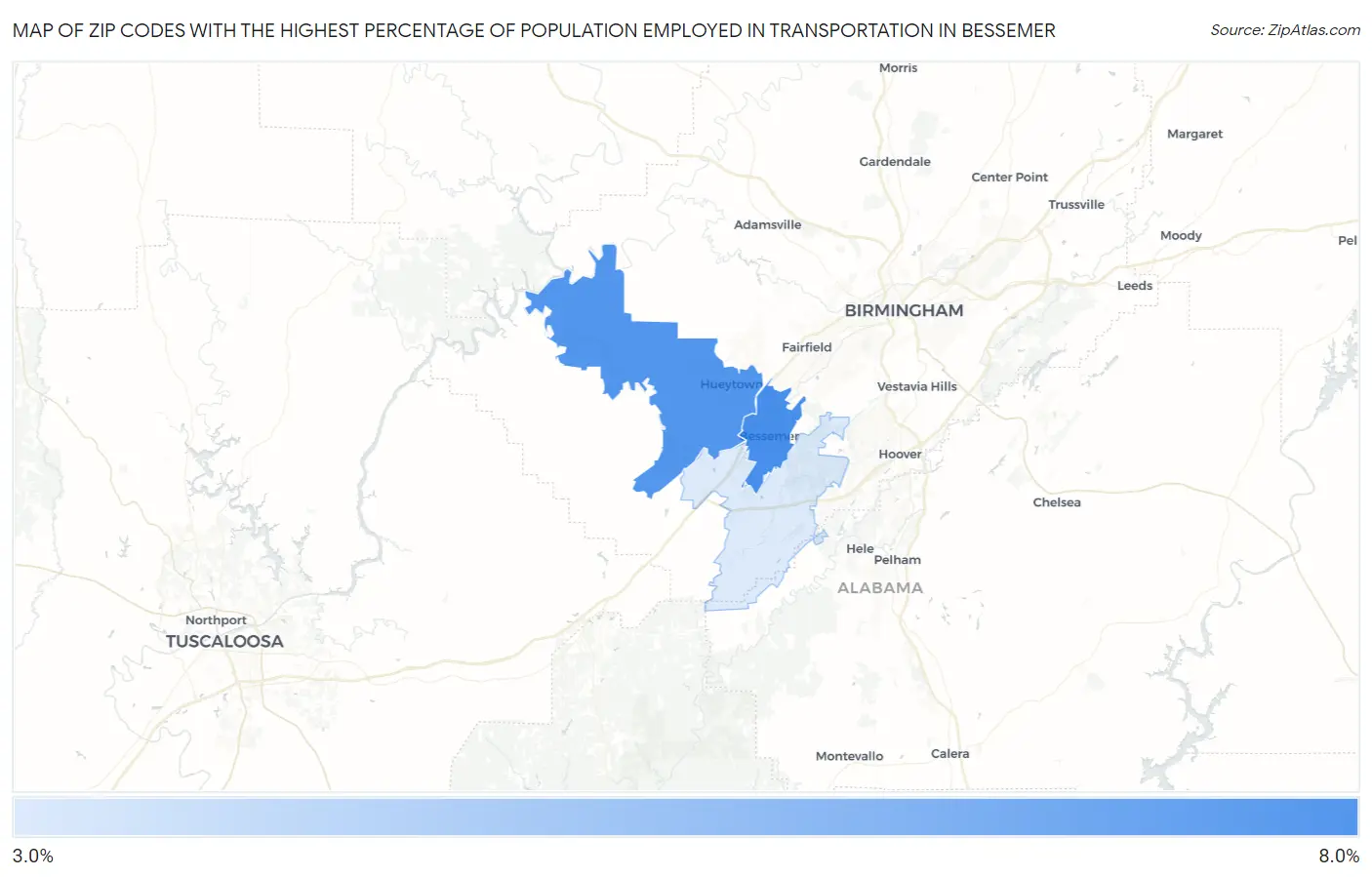 Zip Codes with the Highest Percentage of Population Employed in Transportation in Bessemer Map