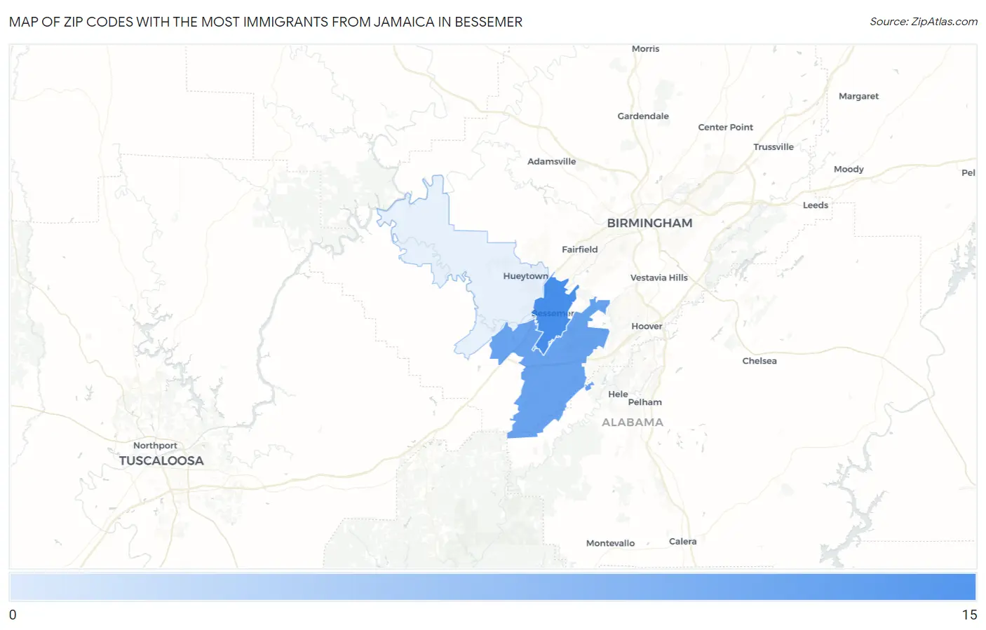 Zip Codes with the Most Immigrants from Jamaica in Bessemer Map
