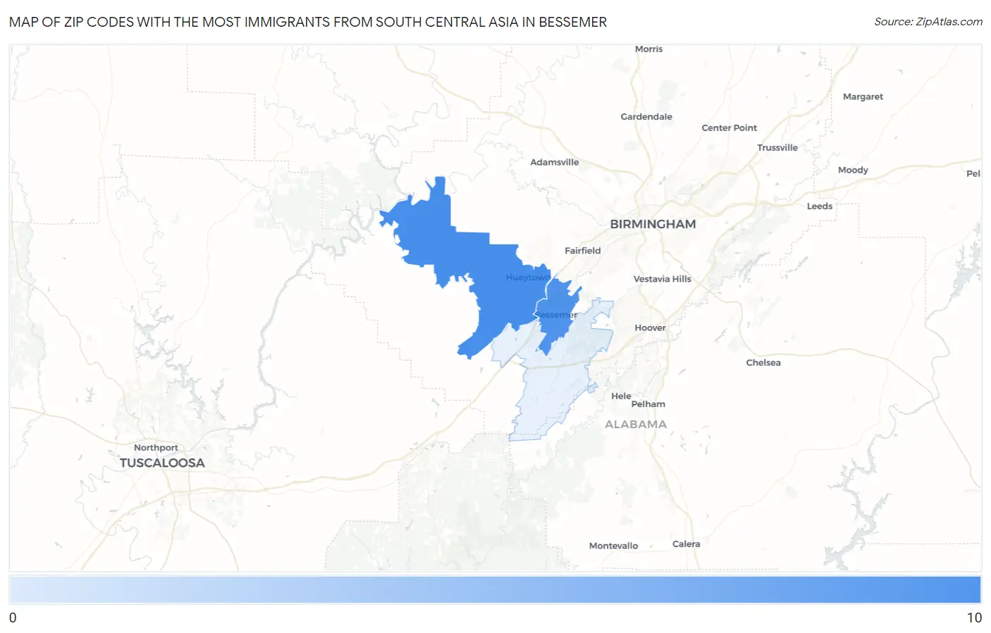 Zip Codes with the Most Immigrants from South Central Asia in Bessemer Map