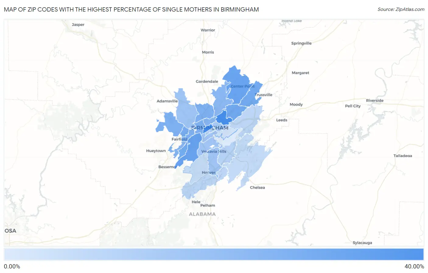 Zip Codes with the Highest Percentage of Single Mothers in Birmingham Map