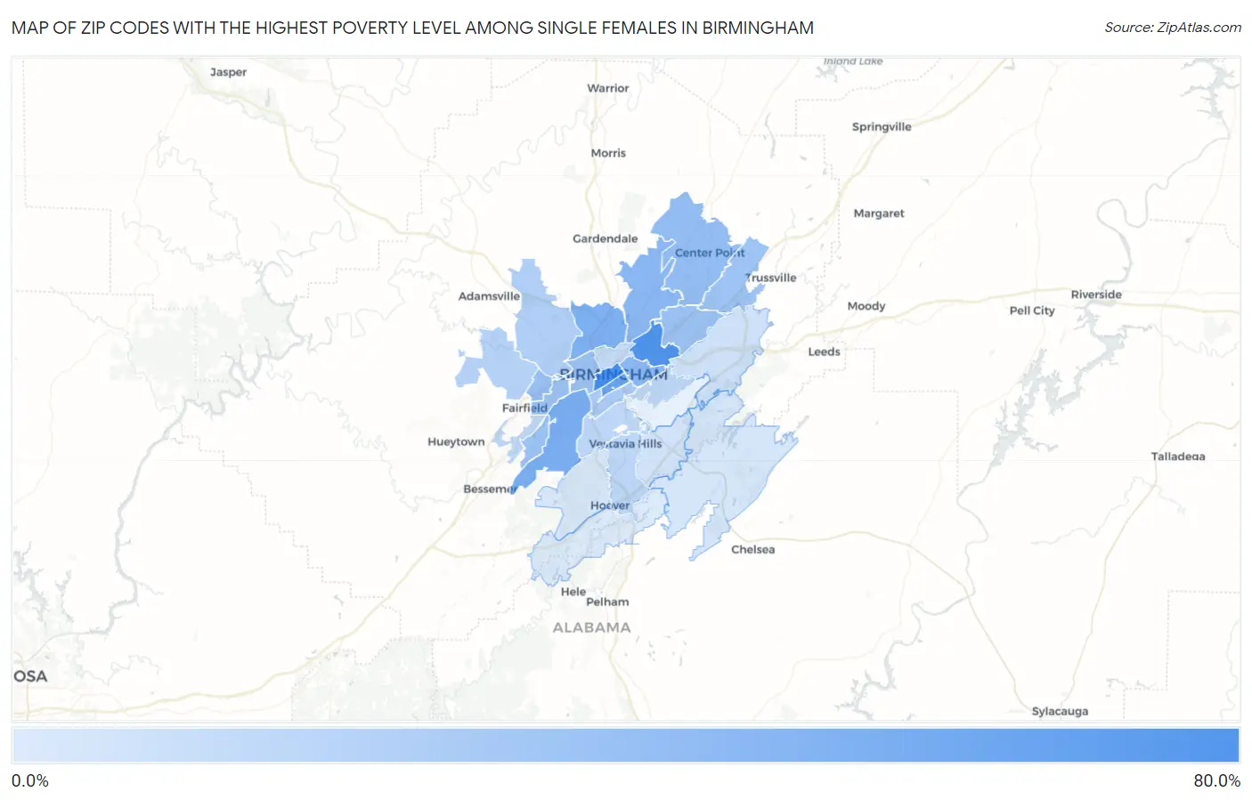 Zip Codes with the Highest Poverty Level Among Single Females in Birmingham Map