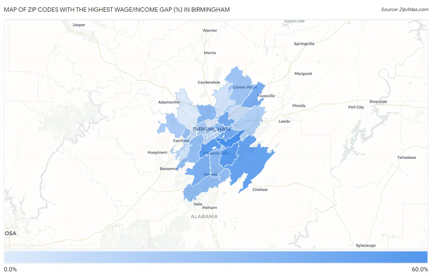 Zip Codes with the Highest Wage/Income Gap (%) in Birmingham Map