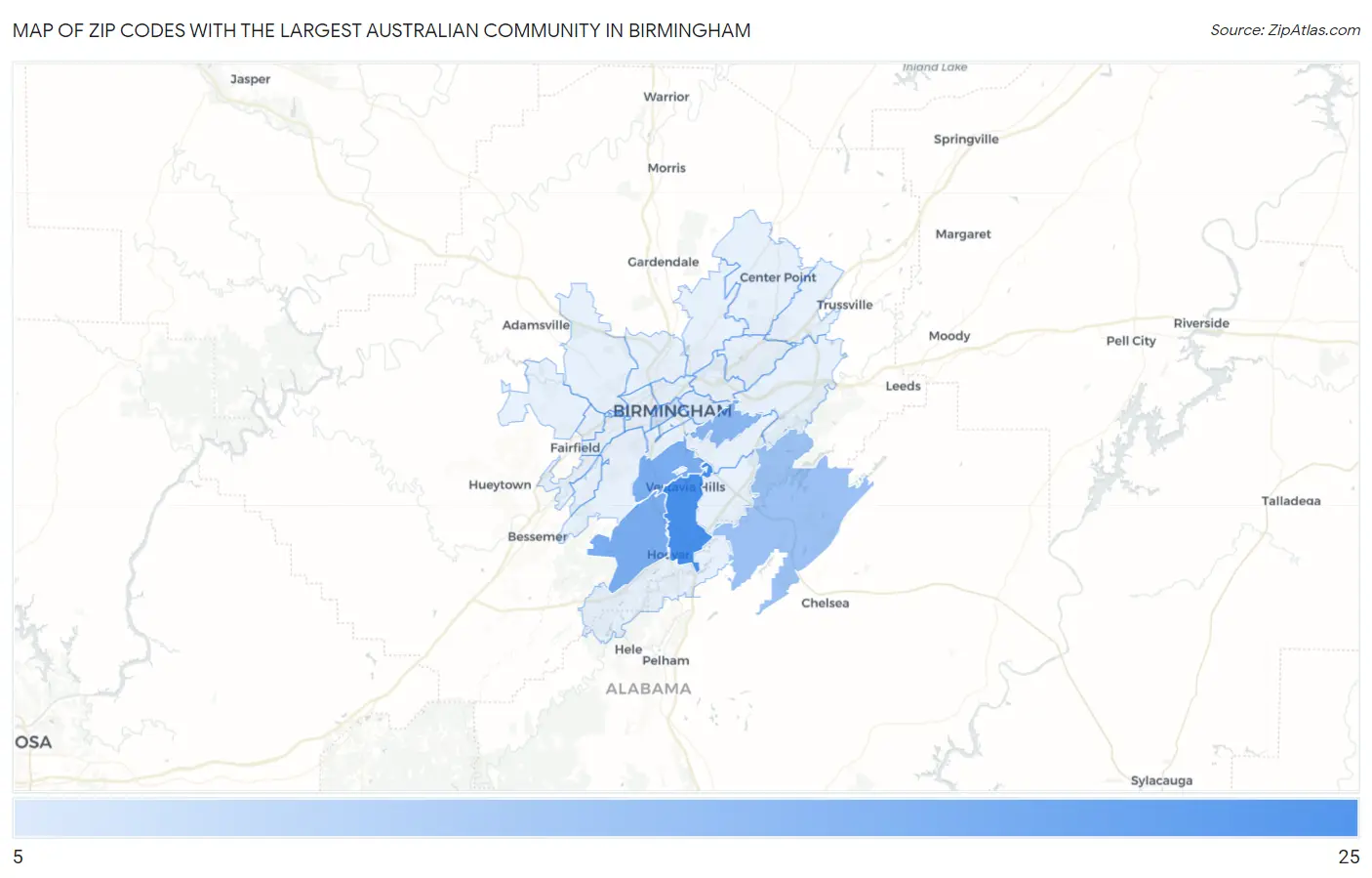 Zip Codes with the Largest Australian Community in Birmingham Map