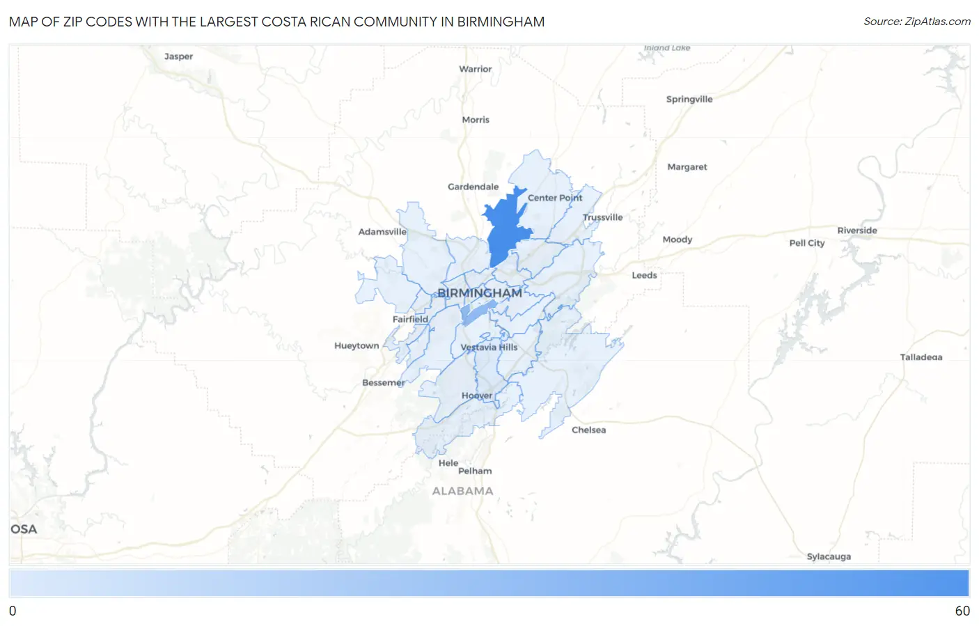 Zip Codes with the Largest Costa Rican Community in Birmingham Map