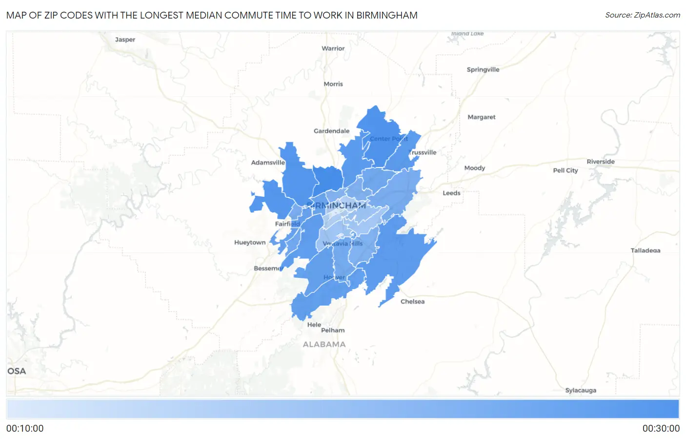 Zip Codes with the Longest Median Commute Time to Work in Birmingham Map