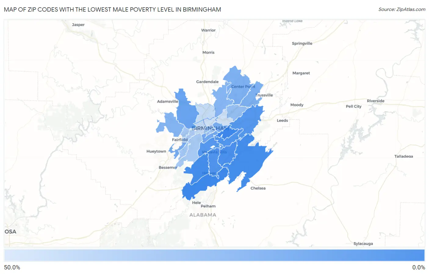 Zip Codes with the Lowest Male Poverty Level in Birmingham Map