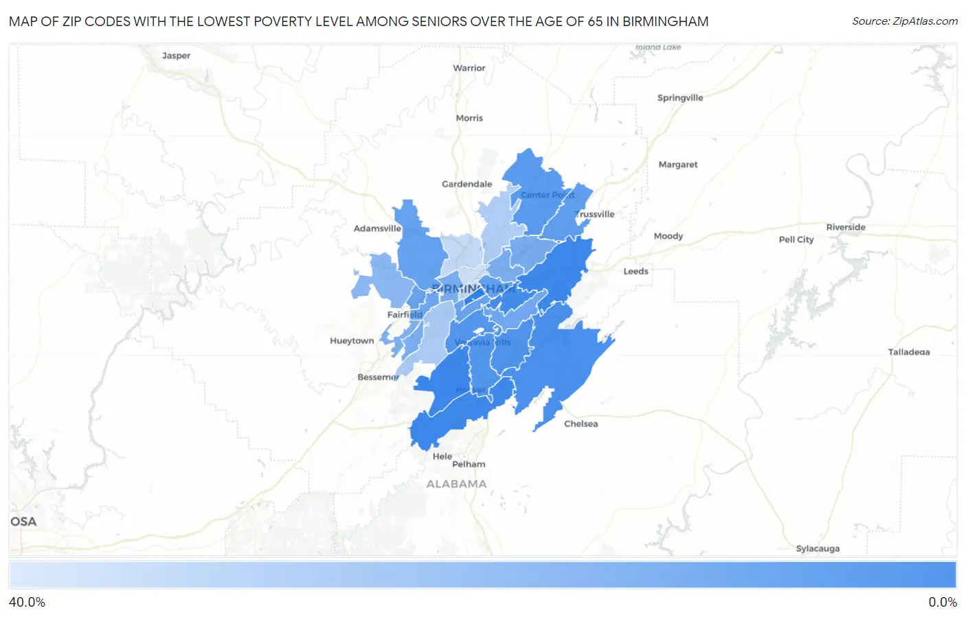 Zip Codes with the Lowest Poverty Level Among Seniors Over the Age of 65 in Birmingham Map