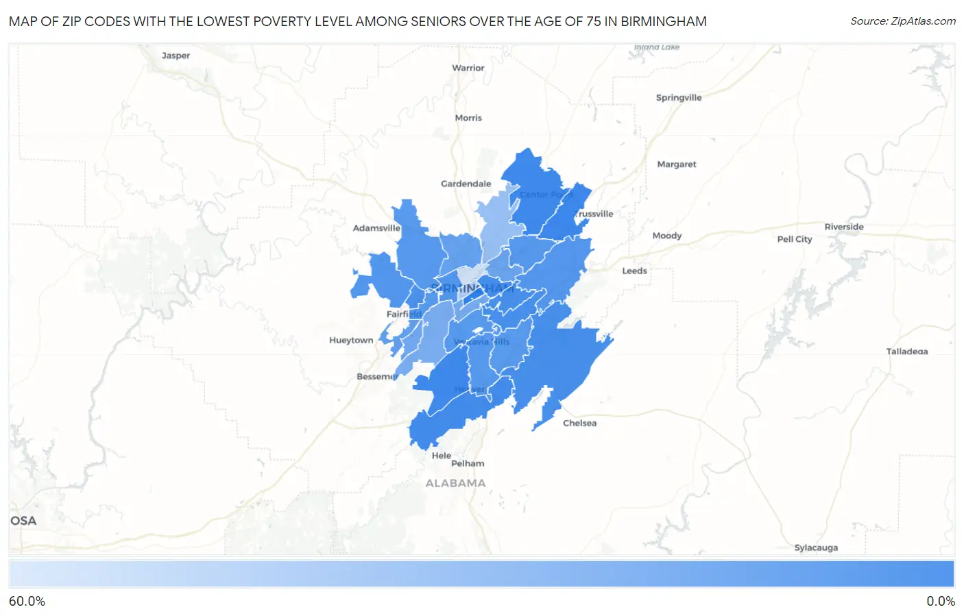 Zip Codes with the Lowest Poverty Level Among Seniors Over the Age of 75 in Birmingham Map