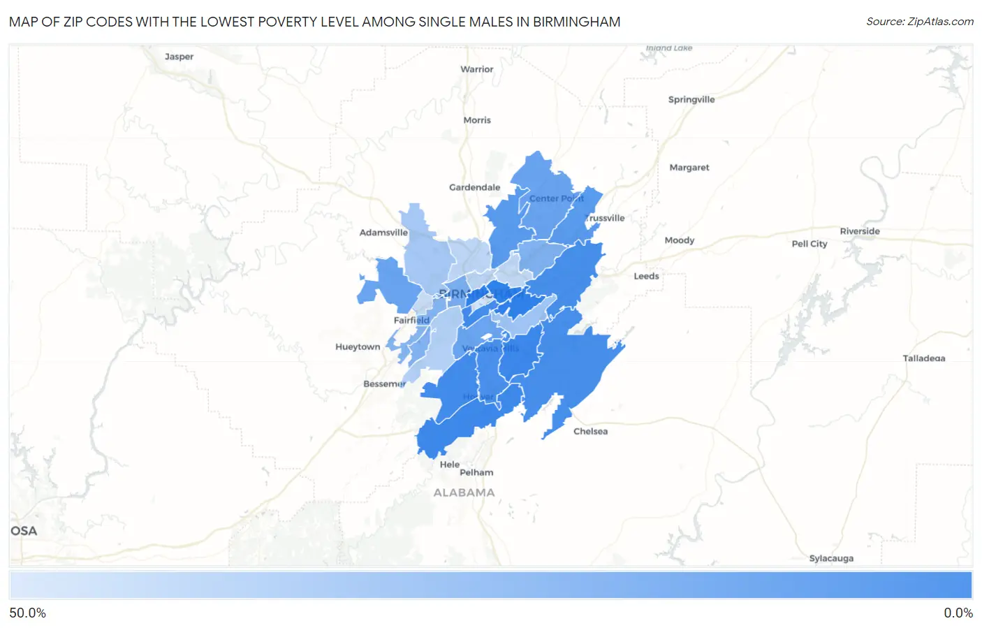 Zip Codes with the Lowest Poverty Level Among Single Males in Birmingham Map