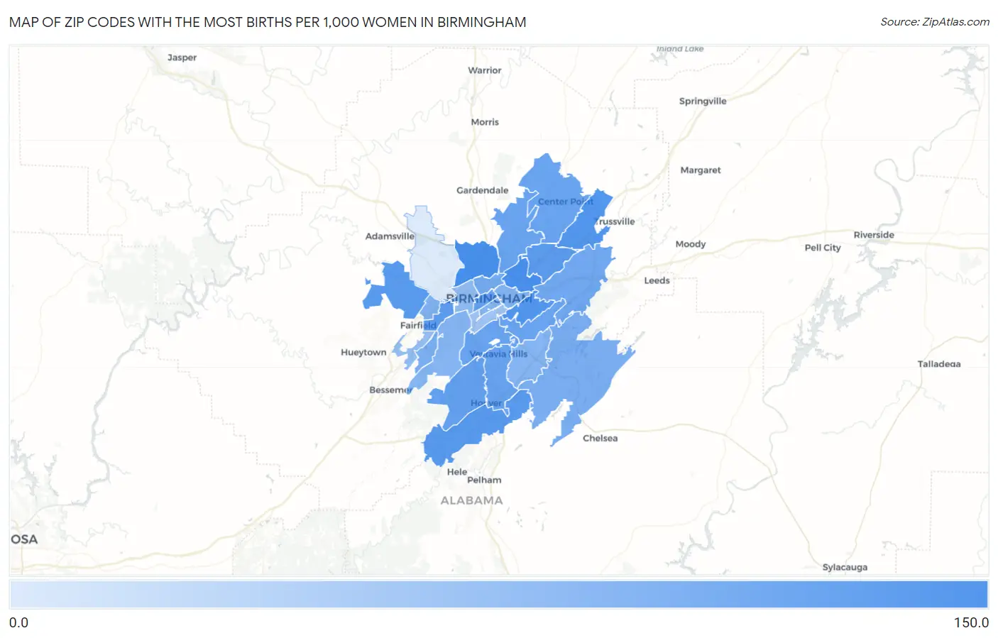 Zip Codes with the Most Births per 1,000 Women in Birmingham Map