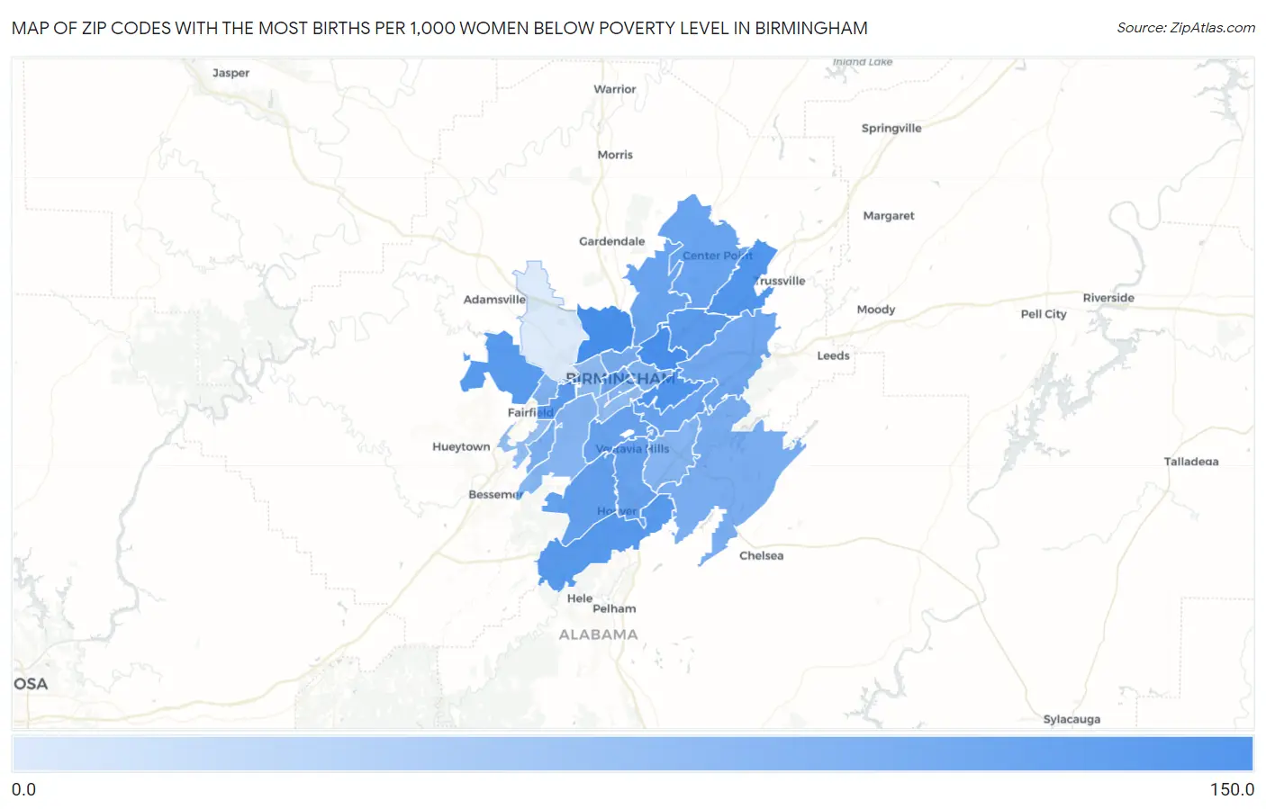 Zip Codes with the Most Births per 1,000 Women Below Poverty Level in Birmingham Map