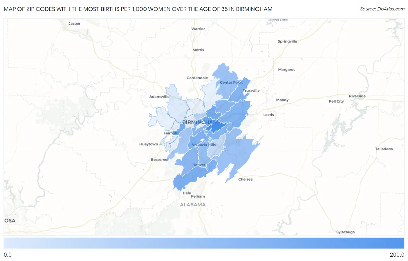 Zip Codes with the Most Births per 1,000 Women Over the Age of 35 in Birmingham Map