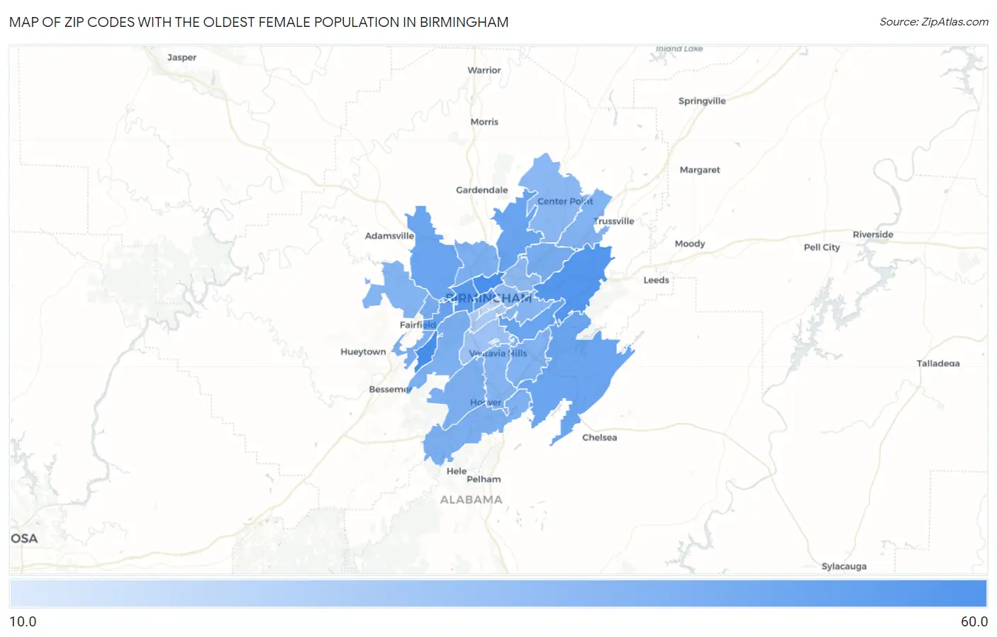Zip Codes with the Oldest Female Population in Birmingham Map