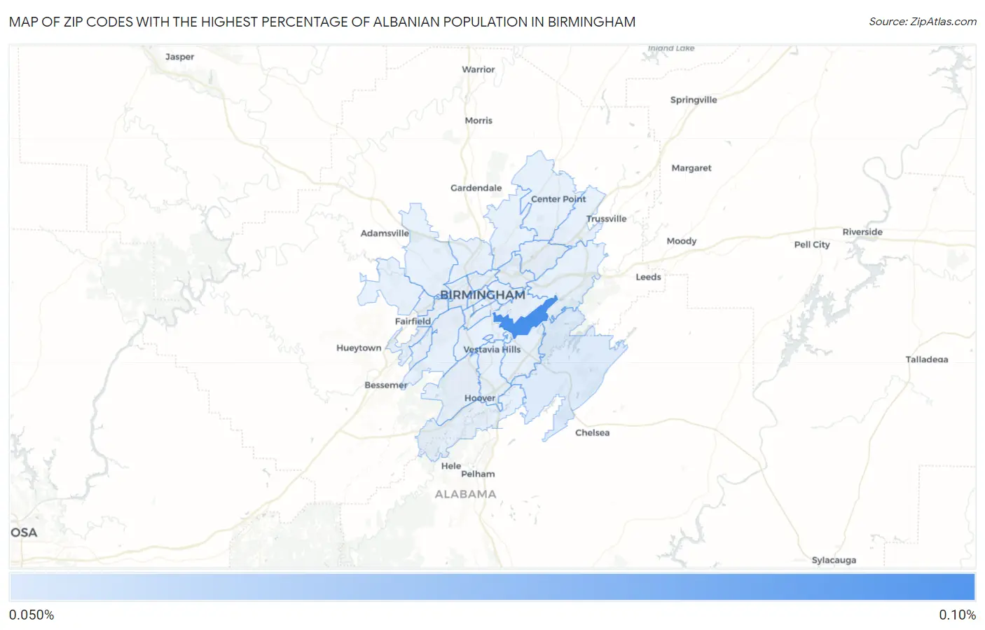 Zip Codes with the Highest Percentage of Albanian Population in Birmingham Map