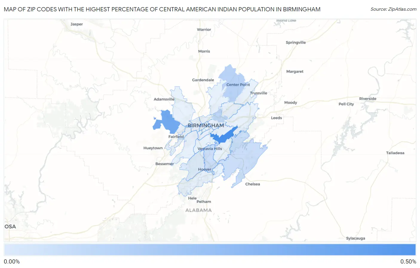 Zip Codes with the Highest Percentage of Central American Indian Population in Birmingham Map