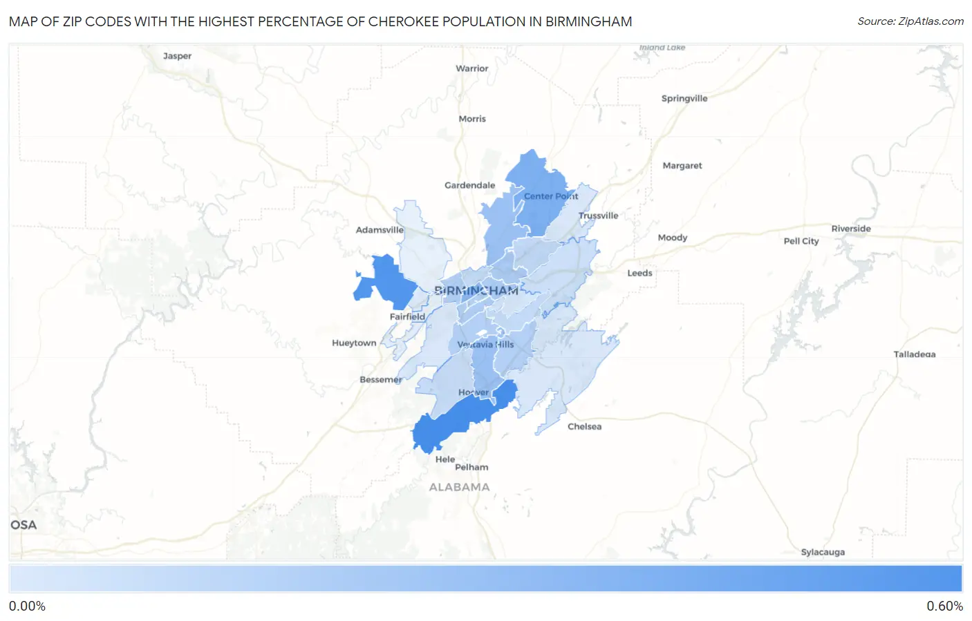 Zip Codes with the Highest Percentage of Cherokee Population in Birmingham Map