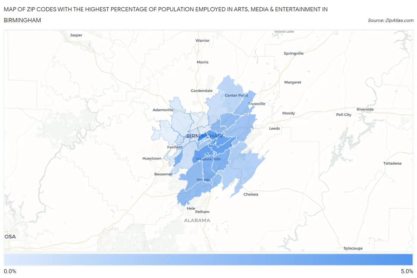 Zip Codes with the Highest Percentage of Population Employed in Arts, Media & Entertainment in Birmingham Map