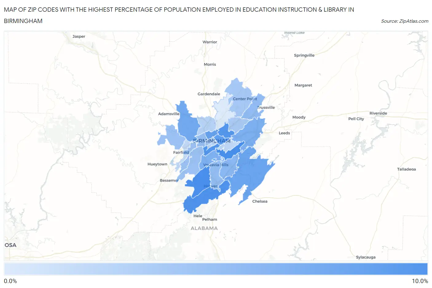 Zip Codes with the Highest Percentage of Population Employed in Education Instruction & Library in Birmingham Map