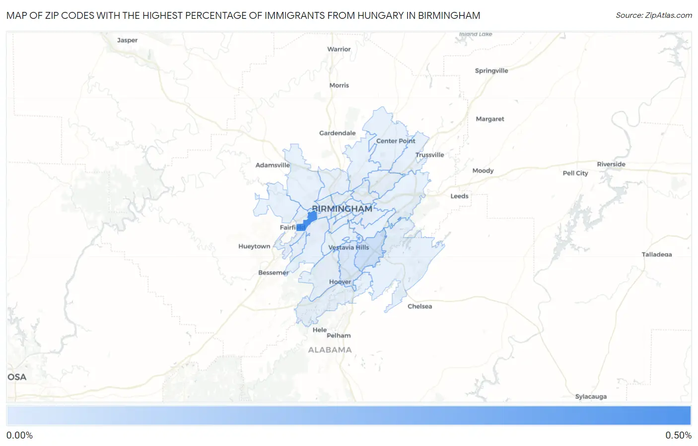 Zip Codes with the Highest Percentage of Immigrants from Hungary in Birmingham Map