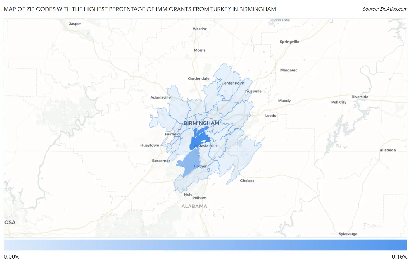 Zip Codes with the Highest Percentage of Immigrants from Turkey in Birmingham Map