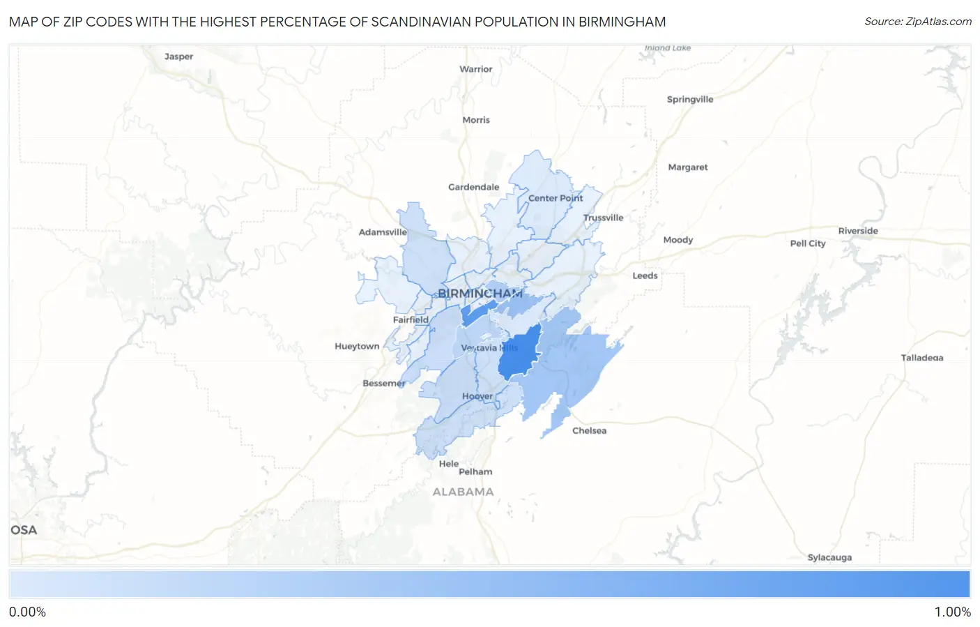 Zip Codes with the Highest Percentage of Scandinavian Population in Birmingham Map