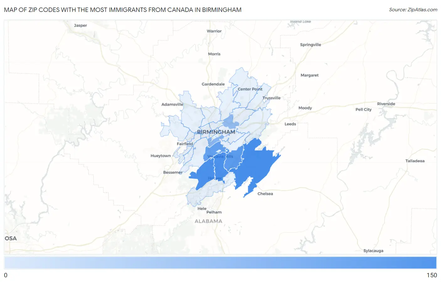 Zip Codes with the Most Immigrants from Canada in Birmingham Map