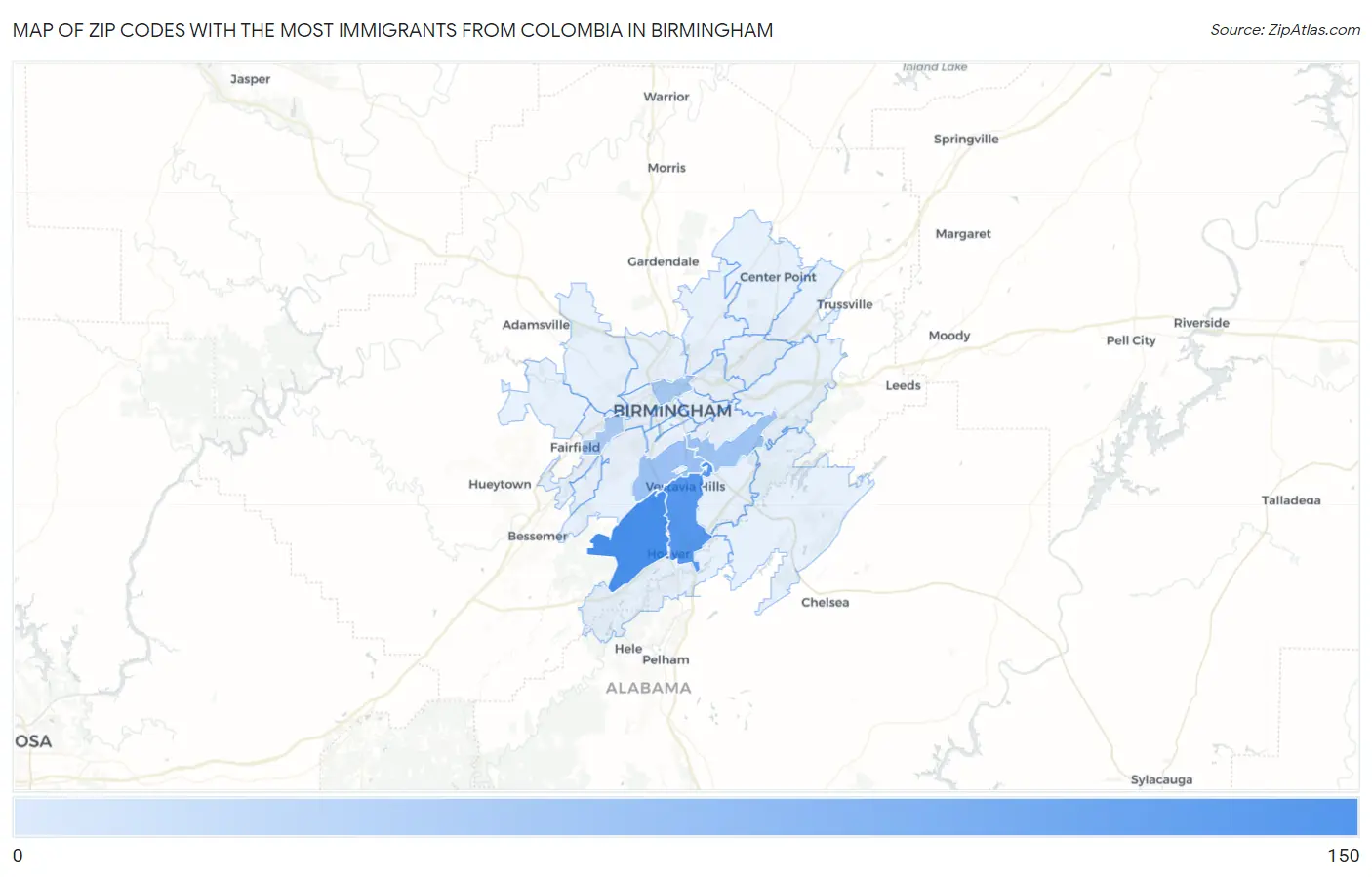 Zip Codes with the Most Immigrants from Colombia in Birmingham Map