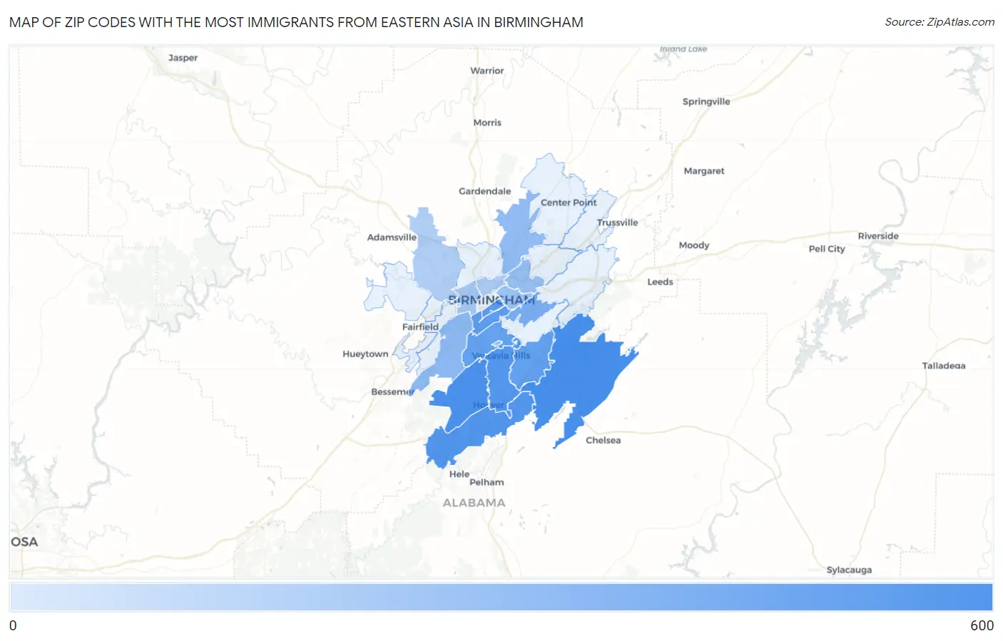 Zip Codes with the Most Immigrants from Eastern Asia in Birmingham Map