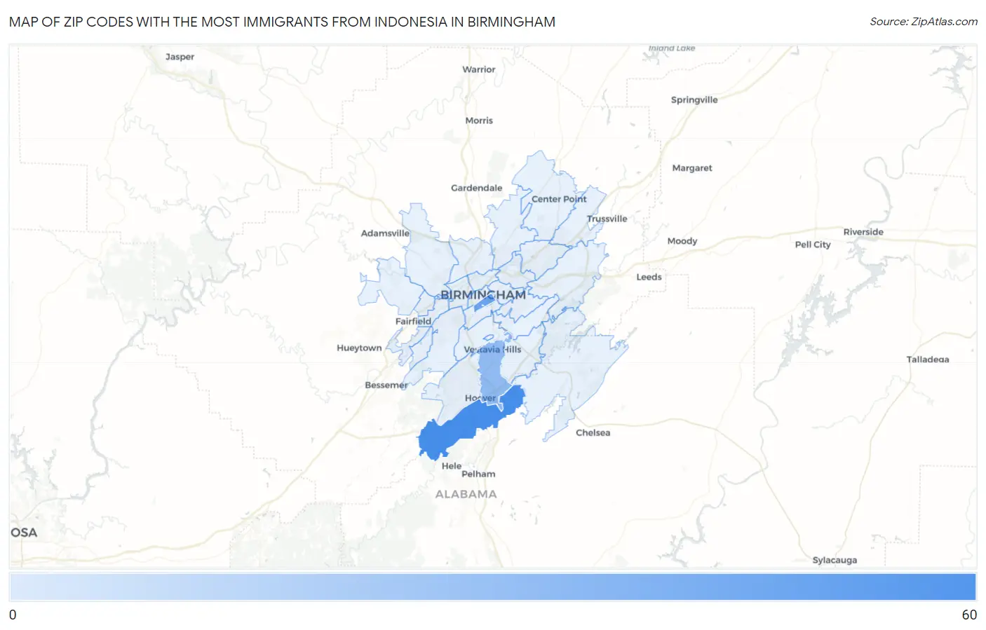 Zip Codes with the Most Immigrants from Indonesia in Birmingham Map