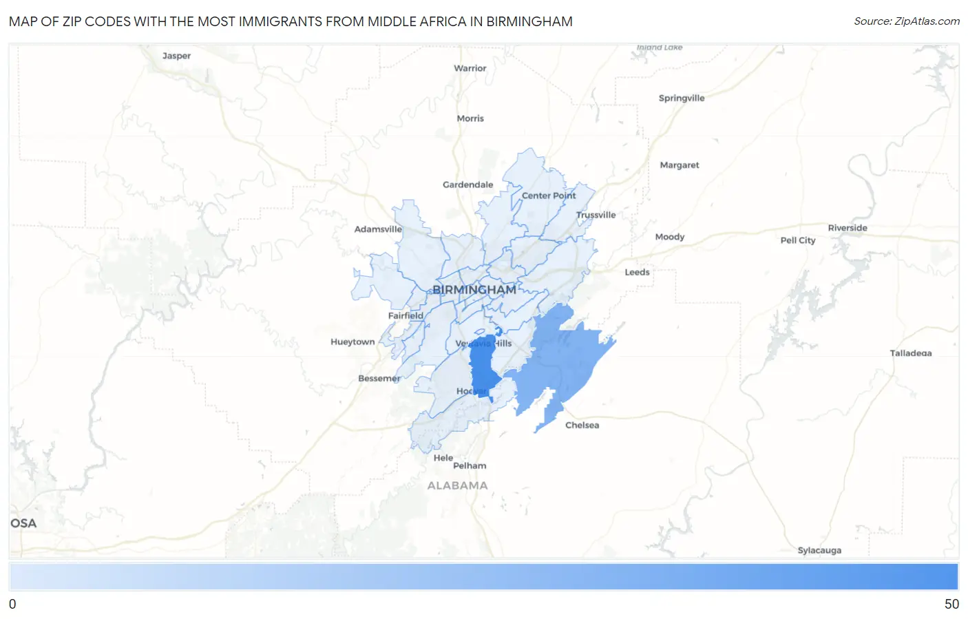 Zip Codes with the Most Immigrants from Middle Africa in Birmingham Map