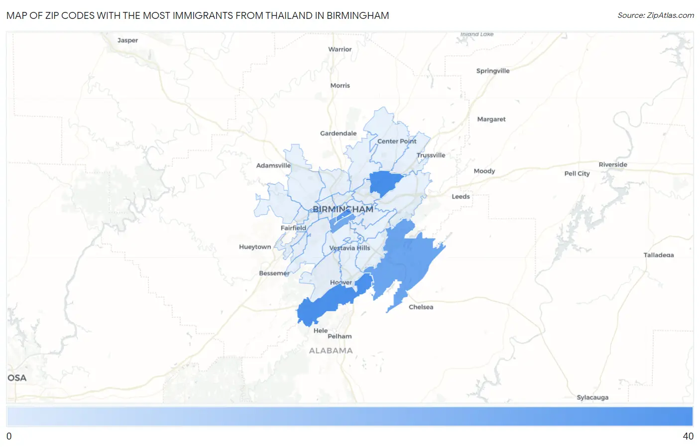Zip Codes with the Most Immigrants from Thailand in Birmingham Map