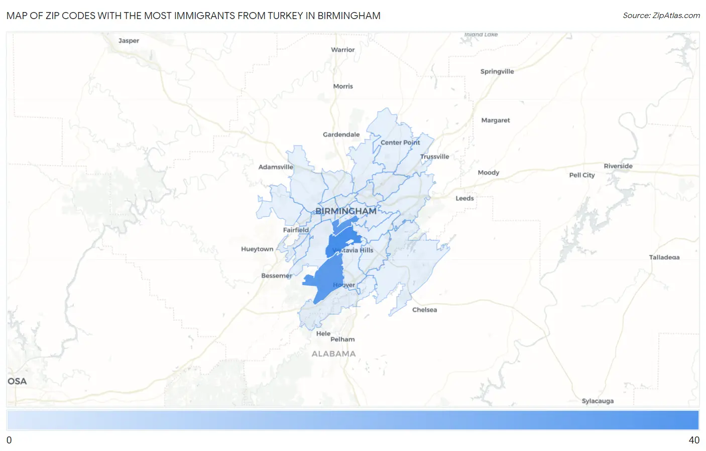 Zip Codes with the Most Immigrants from Turkey in Birmingham Map