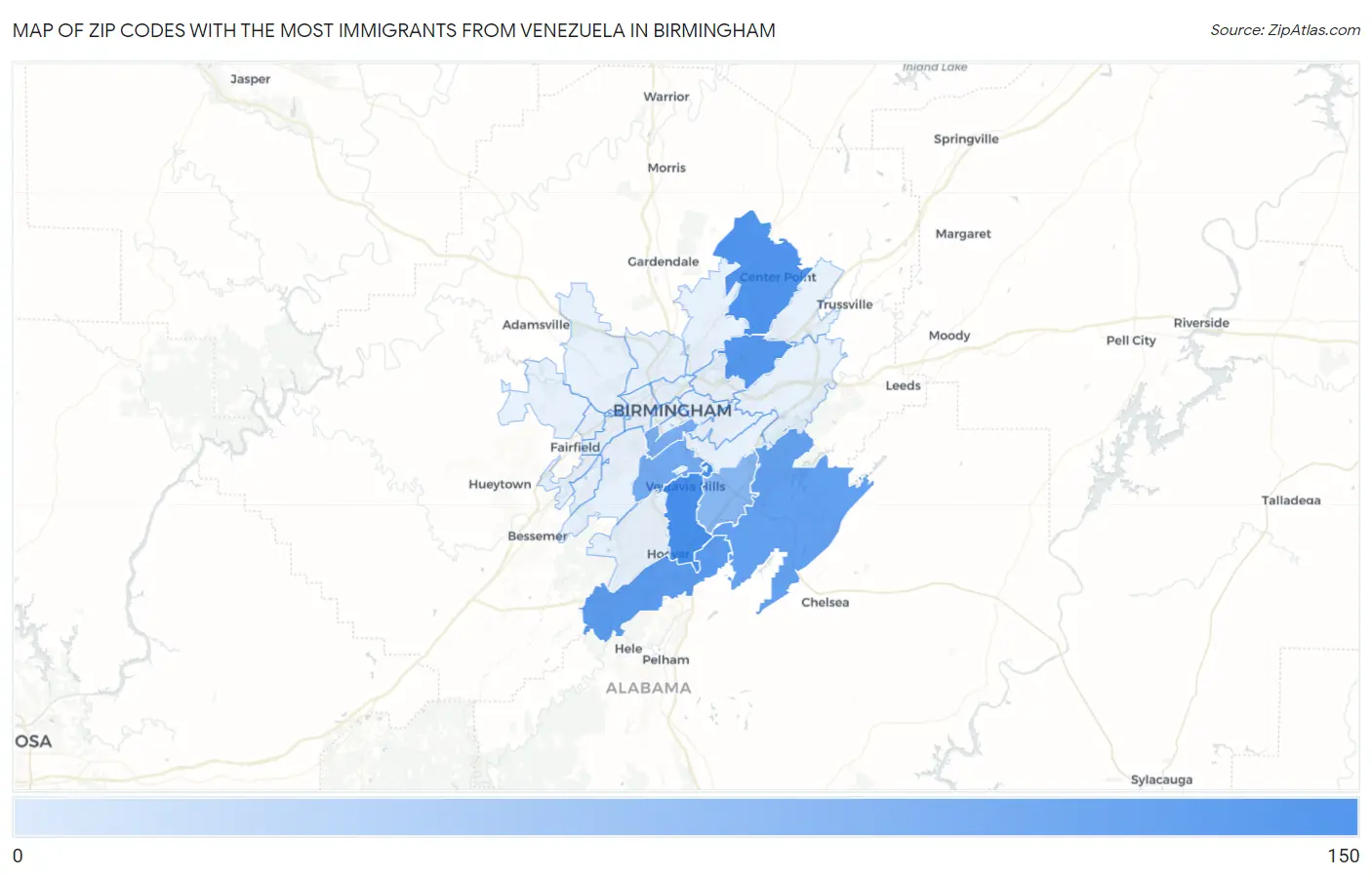Zip Codes with the Most Immigrants from Venezuela in Birmingham Map