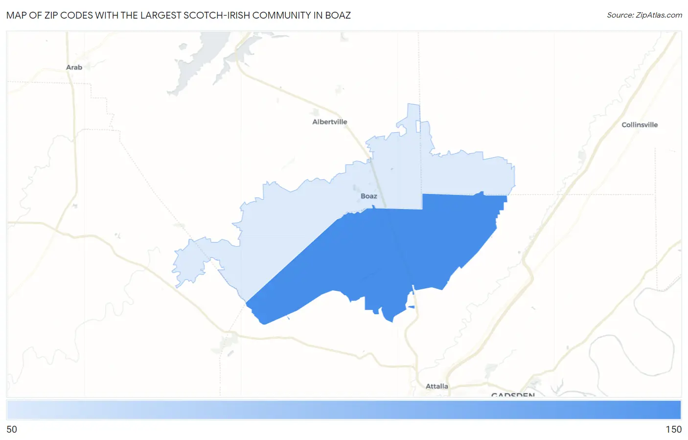 Zip Codes with the Largest Scotch-Irish Community in Boaz Map