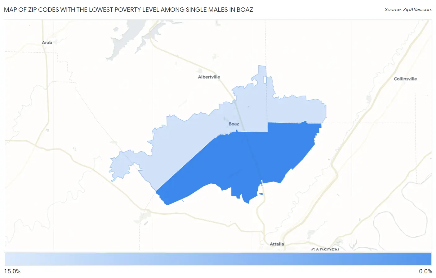 Zip Codes with the Lowest Poverty Level Among Single Males in Boaz Map