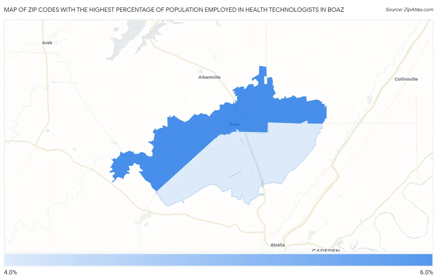 Zip Codes with the Highest Percentage of Population Employed in Health Technologists in Boaz Map