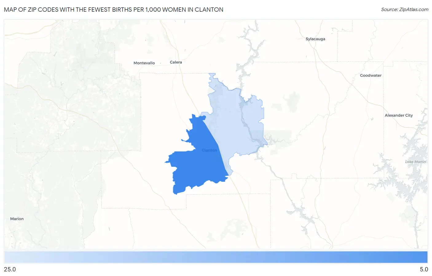 Zip Codes with the Fewest Births per 1,000 Women in Clanton Map